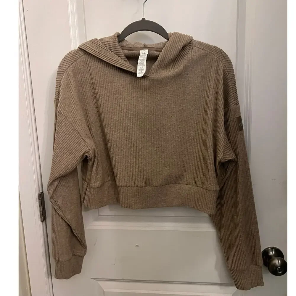 Alo Yoga Muse Hoodie Ribbed Gravel Heather Cropped Sweatshirt XS Athleisure